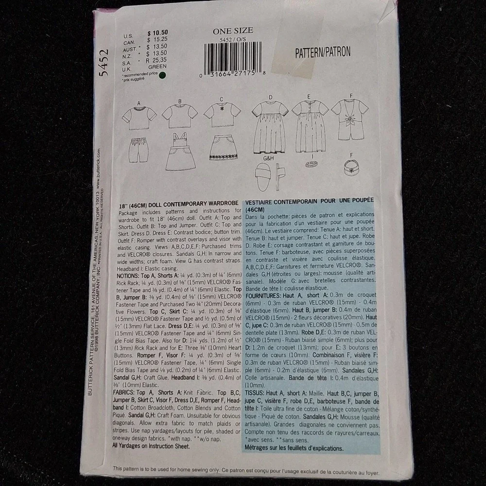 Butterick 5452 Doll Clothes Sewing Pattern‎ 18 inch Doll Contemporary Wardrobe